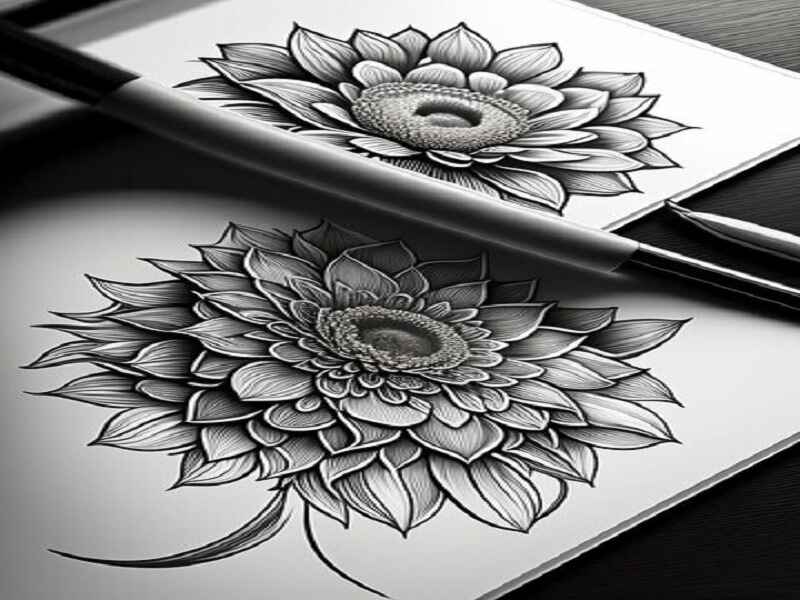 The image shows a detailed flower drawing with a pen beside it. No text is visible.