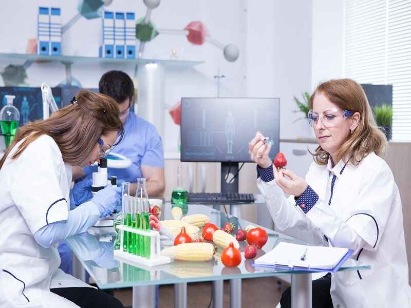 "Scientists analyzing fruits and vegetables in a laboratory setting, wearing white lab coats and safety goggles, with test tubes, glass beakers, and scientific equipment in the background."