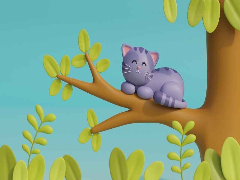 A cute purple cat is happily sitting on a tree branch. The background shows a clear blue sky and green leaves, giving the scene a fun, cartoon look.