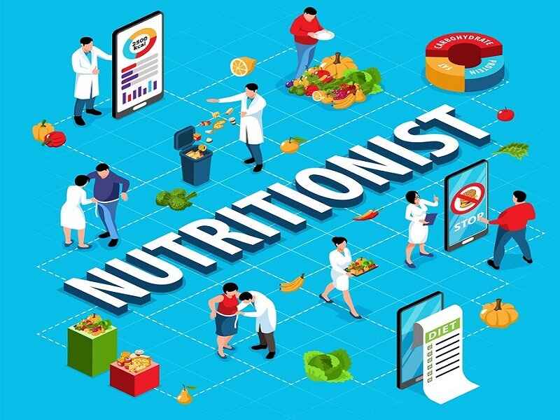 "An illustration depicting various aspects of nutrition and health, featuring nutritionists working with clients, food items, and diet charts, emphasizing the role of nutritionists in promoting healthy eating."