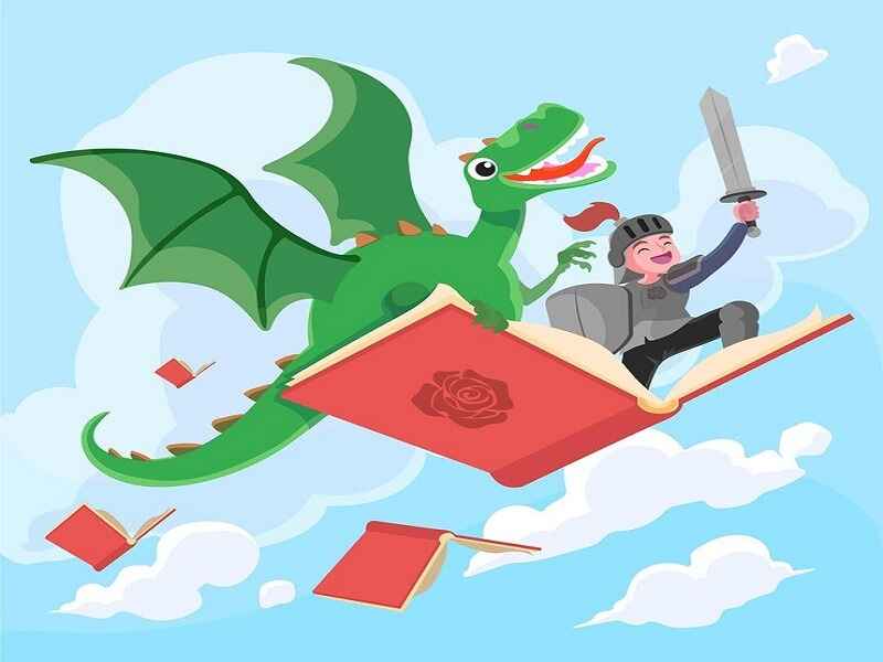 A cartoon knight and green dragon fly on a big red book in the sky. The knight holds a sword and smiles. There are more books floating around in the clouds. Fun and happy scene. 