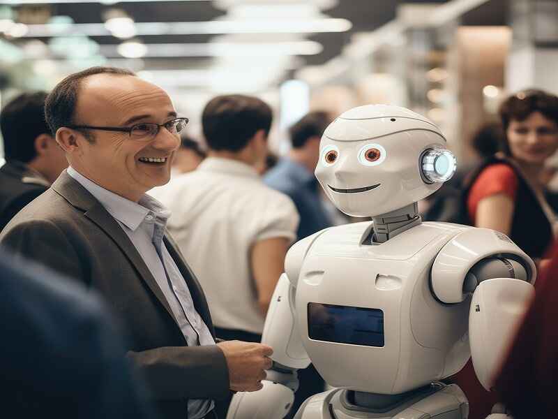 "A man interacting with a humanoid robot at a public event, representing the challenges and opportunities of implementing AI standards like SIA 588B to ensure safe and ethical human-robot interactions." 