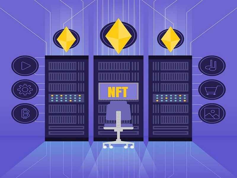 "Illustration of a digital server setup with Ethereum symbols and an NFT display, representing blockchain technology and the storage of digital assets like cryptocurrencies and NFTs."