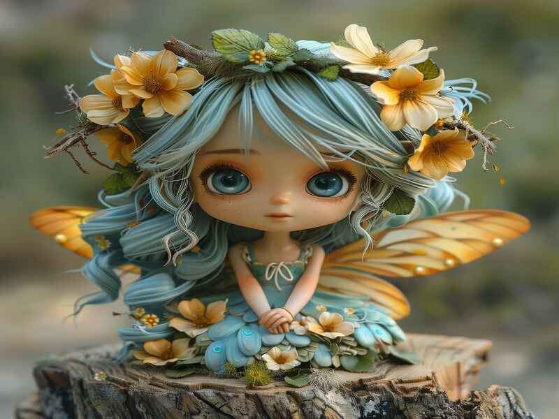 "An enchanting doll with blue hair, large expressive eyes, and fairy wings, adorned with a flower crown and floral dress, sitting on a tree stump. The image captures a whimsical blend of fantasy and intricate craftsmanship, symbolizing the artistic style and charm of the Mahimagicdoll999999 Archives."