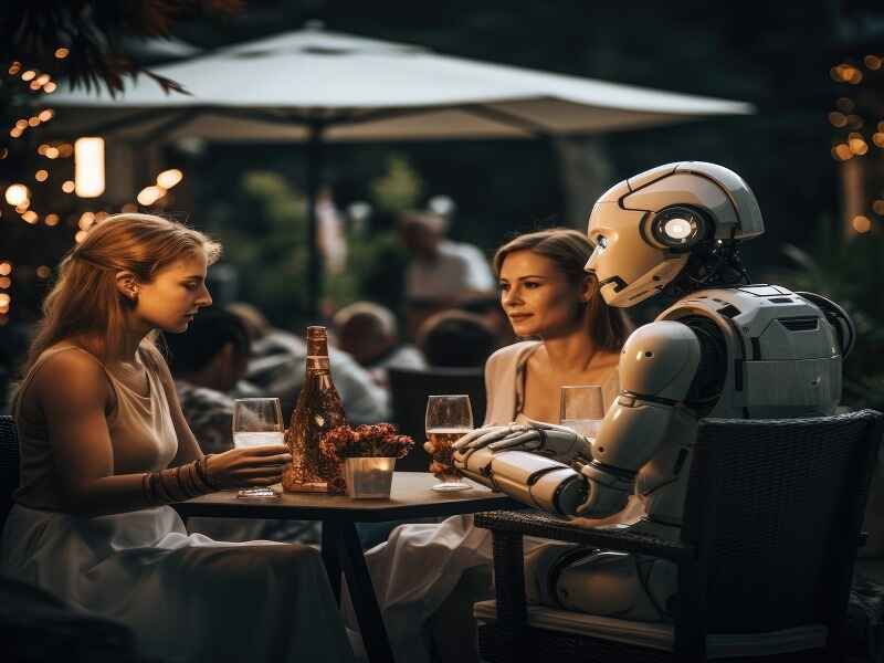 "An AI robot talks with two women at a restaurant, showing how AI is being used in daily life and social settings. It highlights AI's growing role in human interactions."