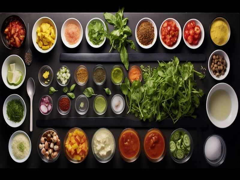 "An overhead view of a meticulously organized array of ingredients for preparing a Ratatouille dish, symbolizing precision and structure similar to configuration management with Chef: rb6391caasa. The ingredients include fresh herbs, spices, and chopped vegetables arranged systematically on a black surface."