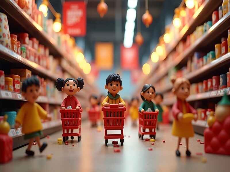 "Illustration of children shopping in a toy-themed supermarket, symbolizing a playful and engaging marketplace experience similar to the unique offerings of a markt14.fluffyduck.au."