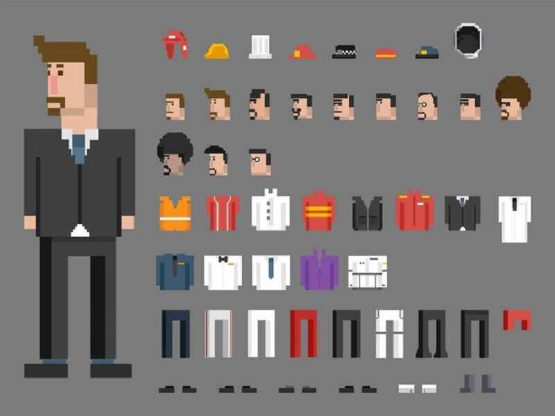 "Pixelated character model with various customization options, featuring different hairstyles, outfits, and accessories. The image showcases character creation in a minimalist design, resembling a Minecraft-inspired aesthetic."