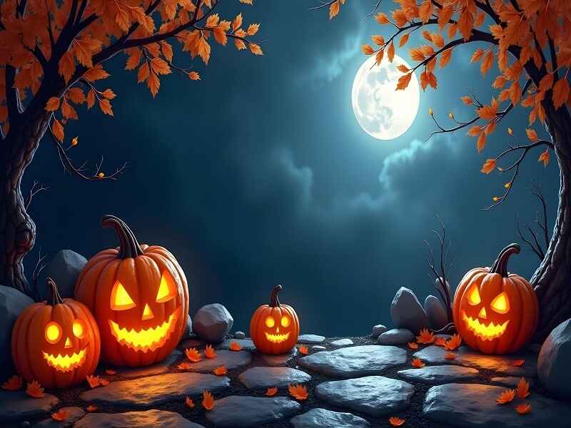 "Spooky Halloween background featuring glowing jack-o'-lantern pumpkins under a full moon, surrounded by autumn trees and scattered leaves on a cobblestone path."