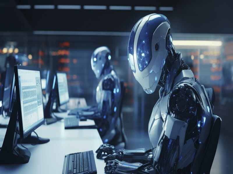 "Robots working at computer stations, representing the integration of AI technology and automation in various industries, reflecting the concept of SIA 588B AI Times in establishing standards for ethical and safe AI development."