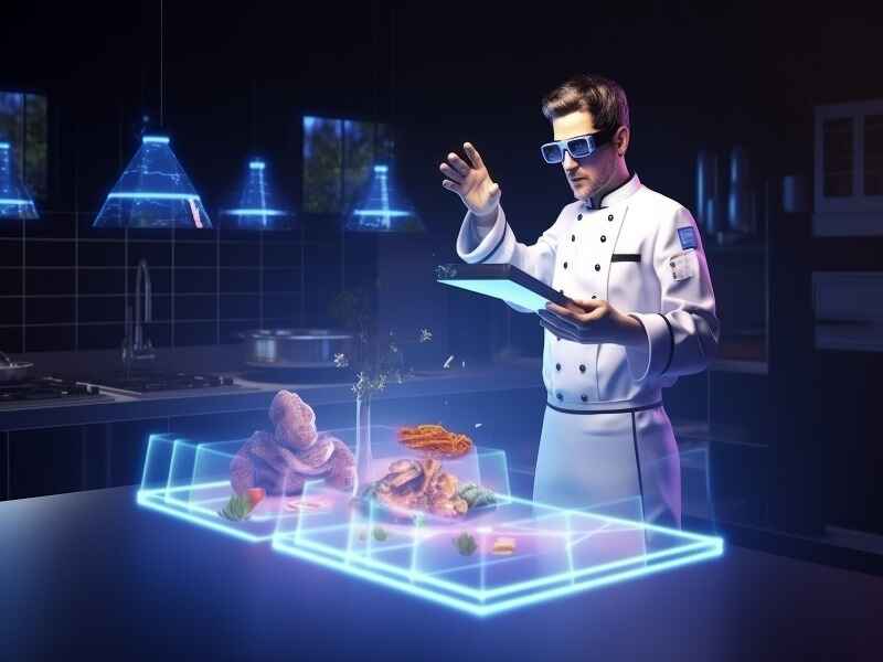 The image shows a chef in a white uniform using AR glasses. He is in a modern kitchen with bright lights and high-tech tools. The chef is looking at 3D food holograms on the counter, combining cooking with new technology.