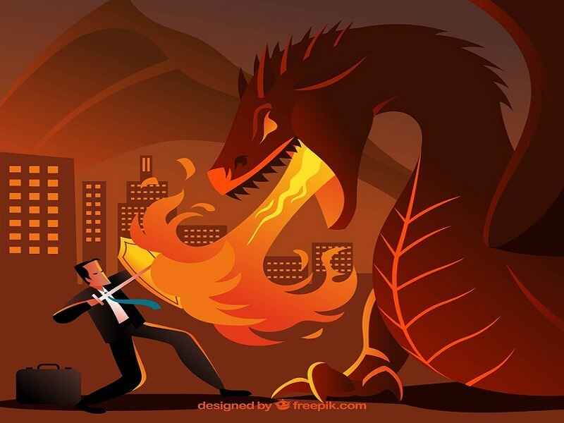 "Illustration showing a large fire-breathing dragon confronting a person holding a shield, symbolizing the clash between humanity and mythical creatures. The background features a cityscape, highlighting the powerful and destructive nature of fire dragons."