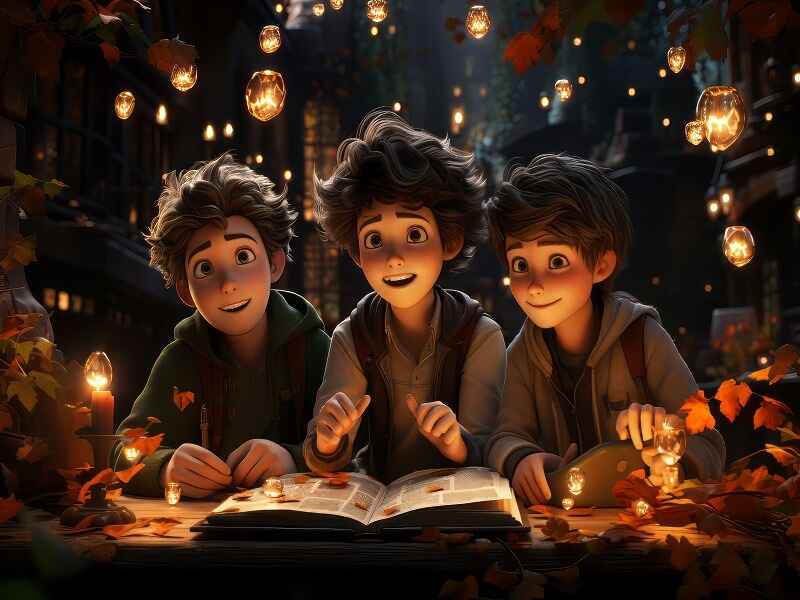 "Three animated characters sitting together at a wooden table surrounded by glowing lanterns and autumn leaves, reading a book in a cozy, magical setting, evoking a sense of wonder and adventure."