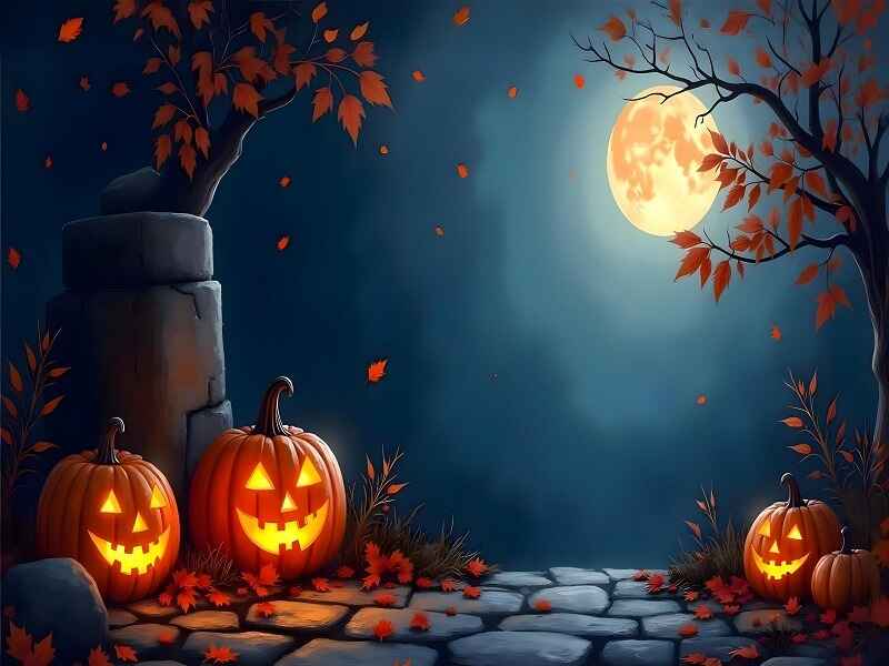 "Halloween background featuring carved jack-o'-lantern pumpkins glowing under a bright full moon, surrounded by autumn leaves and bare trees on a stone pathway." 