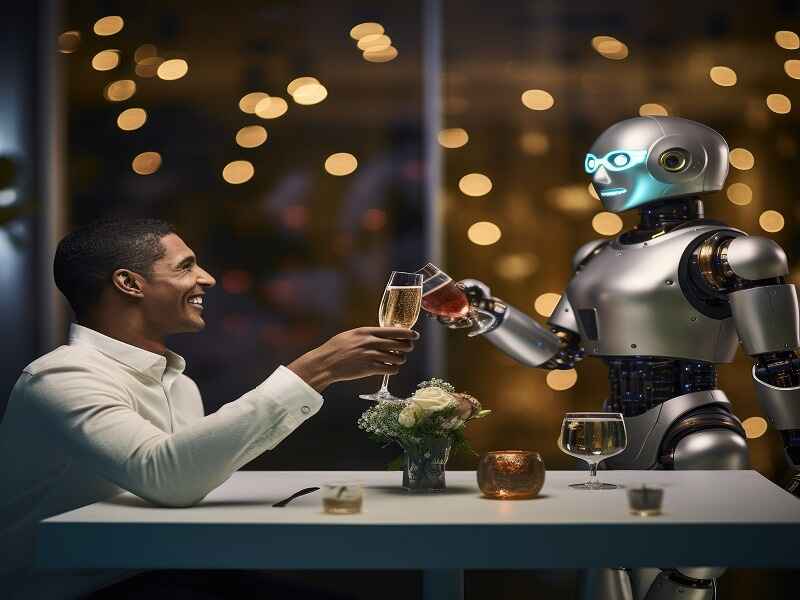 "A human and a robot sharing a toast at a dinner table, symbolizing the integration of AI into everyday human life, reflecting the SIA 588B AI Times framework's focus on creating safe, ethical, and reliable AI interactions."