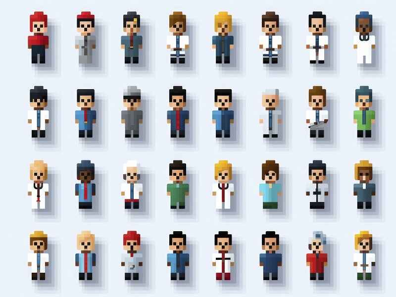 A grid of pixelated characters in different outfits and professions, designed in a retro 8-bit style, representing a diverse range of roles.