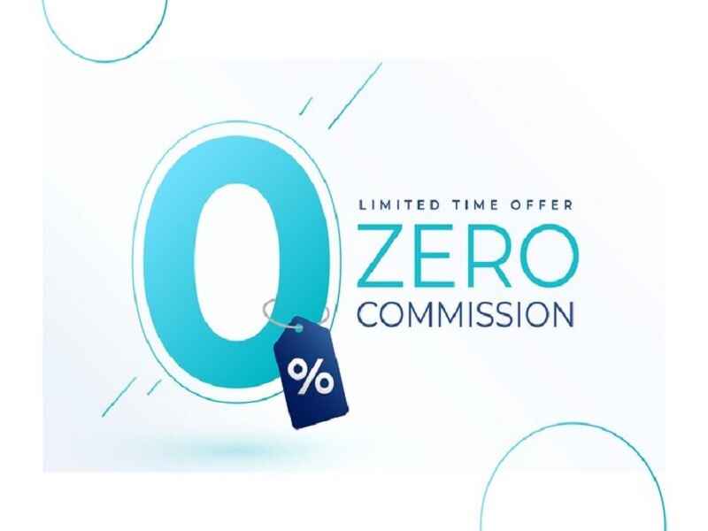 "Zero commission promotional offer with a large '0%' symbol, a blue price tag icon, and the text 'Limited Time Offer, Zero Commission' on a clean white background. The design features smooth blue gradients and minimalistic circular accents."