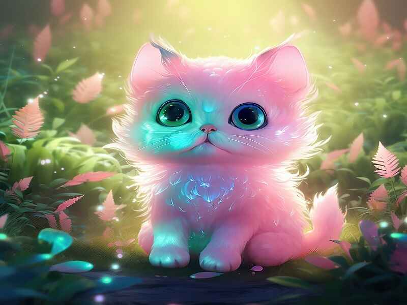 "A kawaii-style image featuring a cute pink kitten with large, expressive eyes, set in a vibrant, whimsical background with soft lighting and pastel-colored leaves, capturing the essence of the kawaii aesthetic."