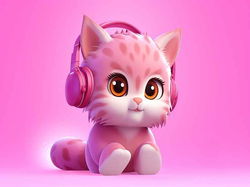 Adorable pink kitten with big brown eyes wearing headphones, set against a vibrant pink background. The cute character exudes a playful and cheerful vibe.